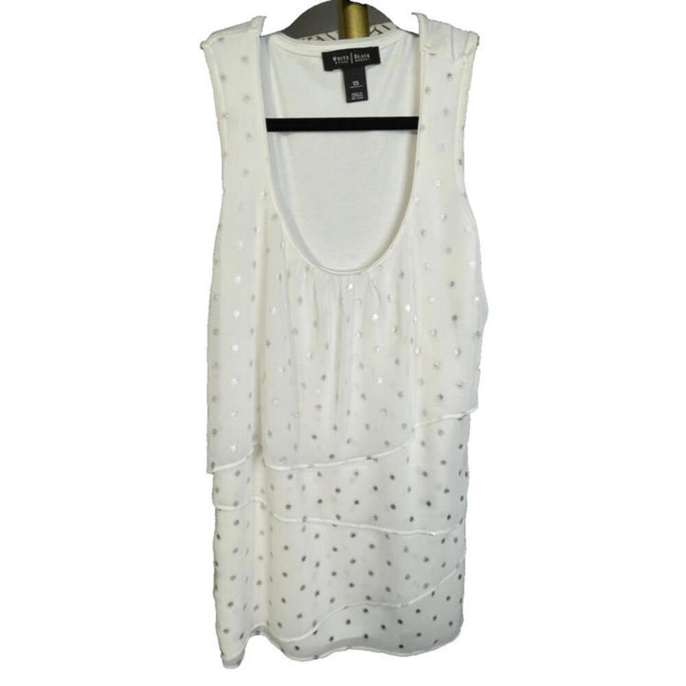 White House Black Market Women's White Sleeveless Top Silver Polka Dot Tank XS